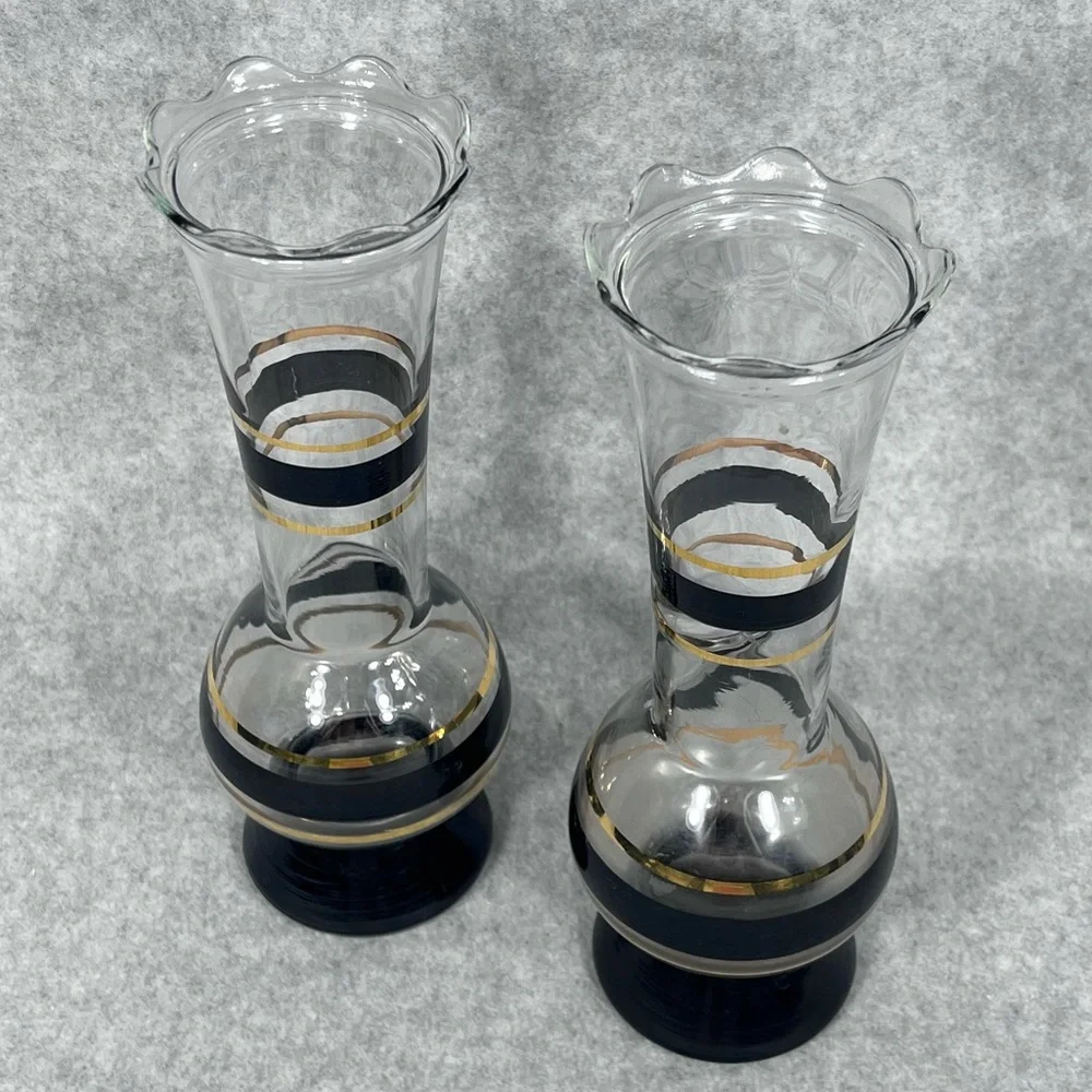 Mid Century Modern Style Vases Black Gold Painted Stripes Ruffled‎ Edge Opening